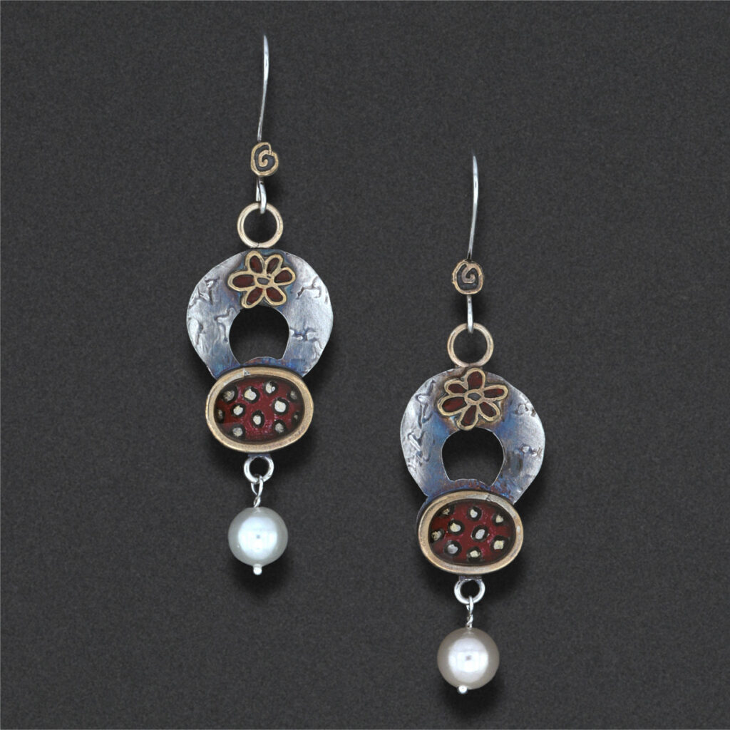 Image of Earring 19, Sterling silver, hand colored, freshwater pearls