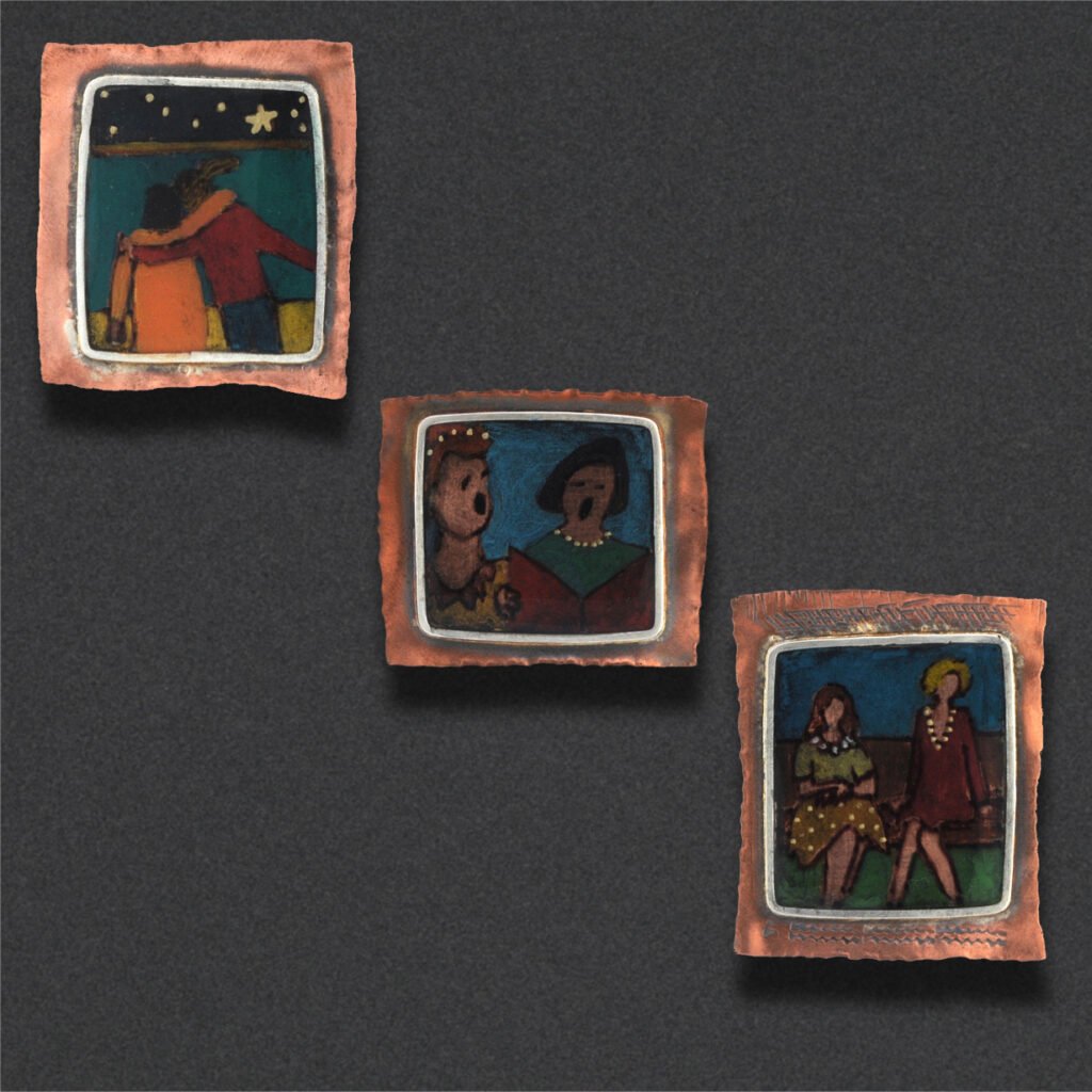 Image of three pins in copper, gold-filled bezel, color pencil, color pen, resin