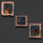 Image of three pins in copper, gold-filled bezel, color pencil, color pen, resin